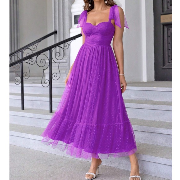 Classic Baby Pink Swiss Dot Formal Party Wedding Maxi Dress - Picture 2 of 7